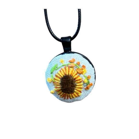 Sunflower Embroidery Charm Necklace - 1" Handmade Pendant - Picture 2 of 2